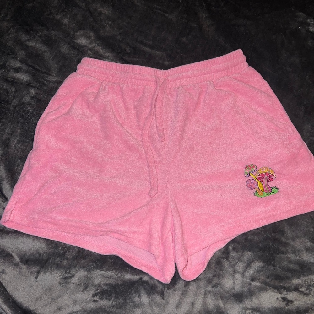Pink Teri cloth shorts with mushrooms!